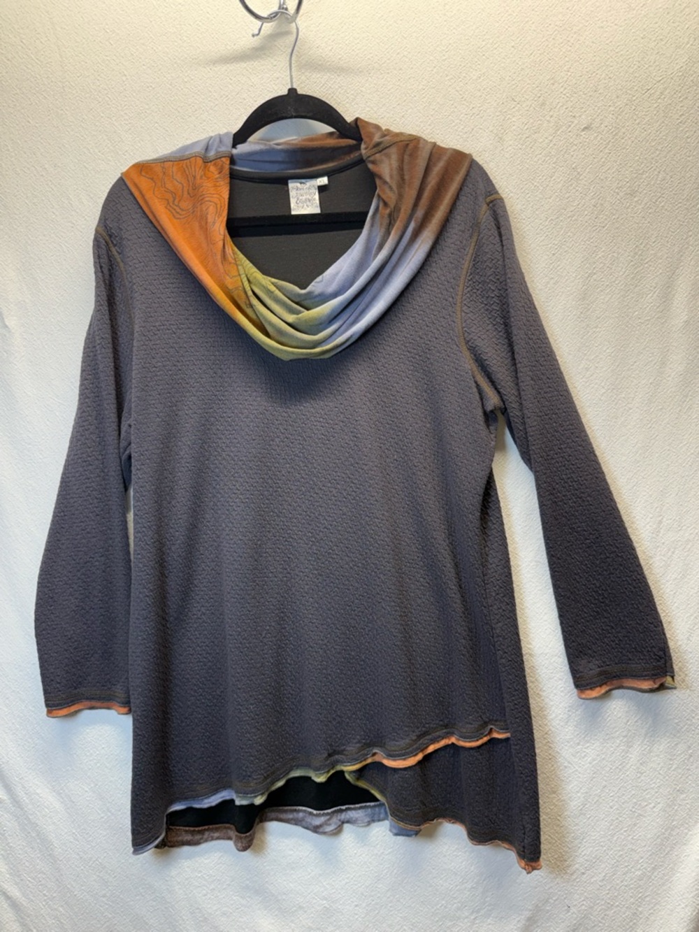 VTG Slate Grey Tunic Long sleeve Asymmetrical Hem With Multi Colored CowlNeck